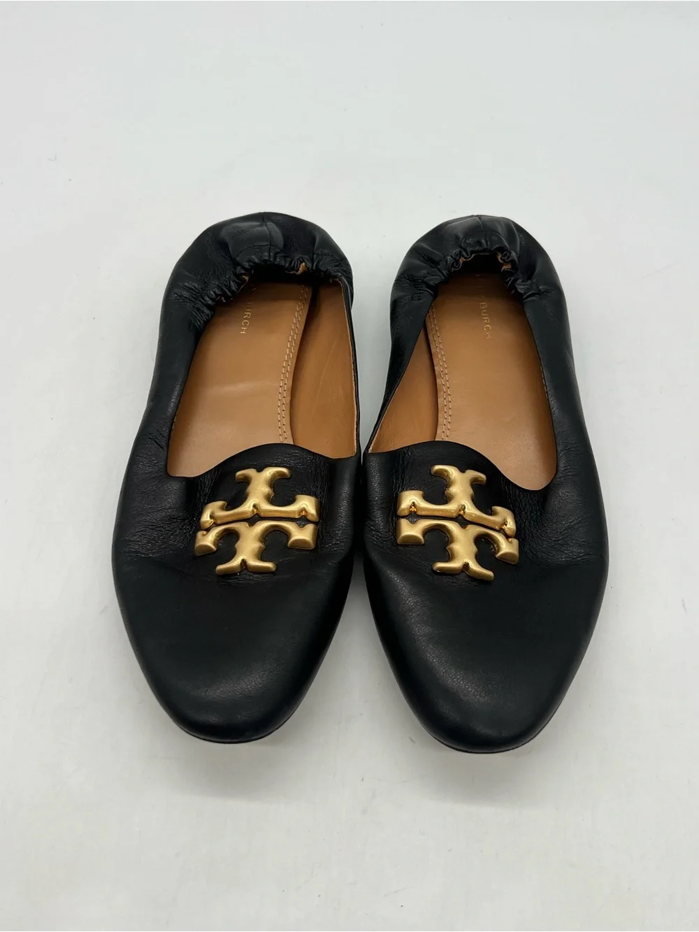 Tory Burch Eleanor Logo Goat Women 8.5M Black Leather Flat Loafers Shoes